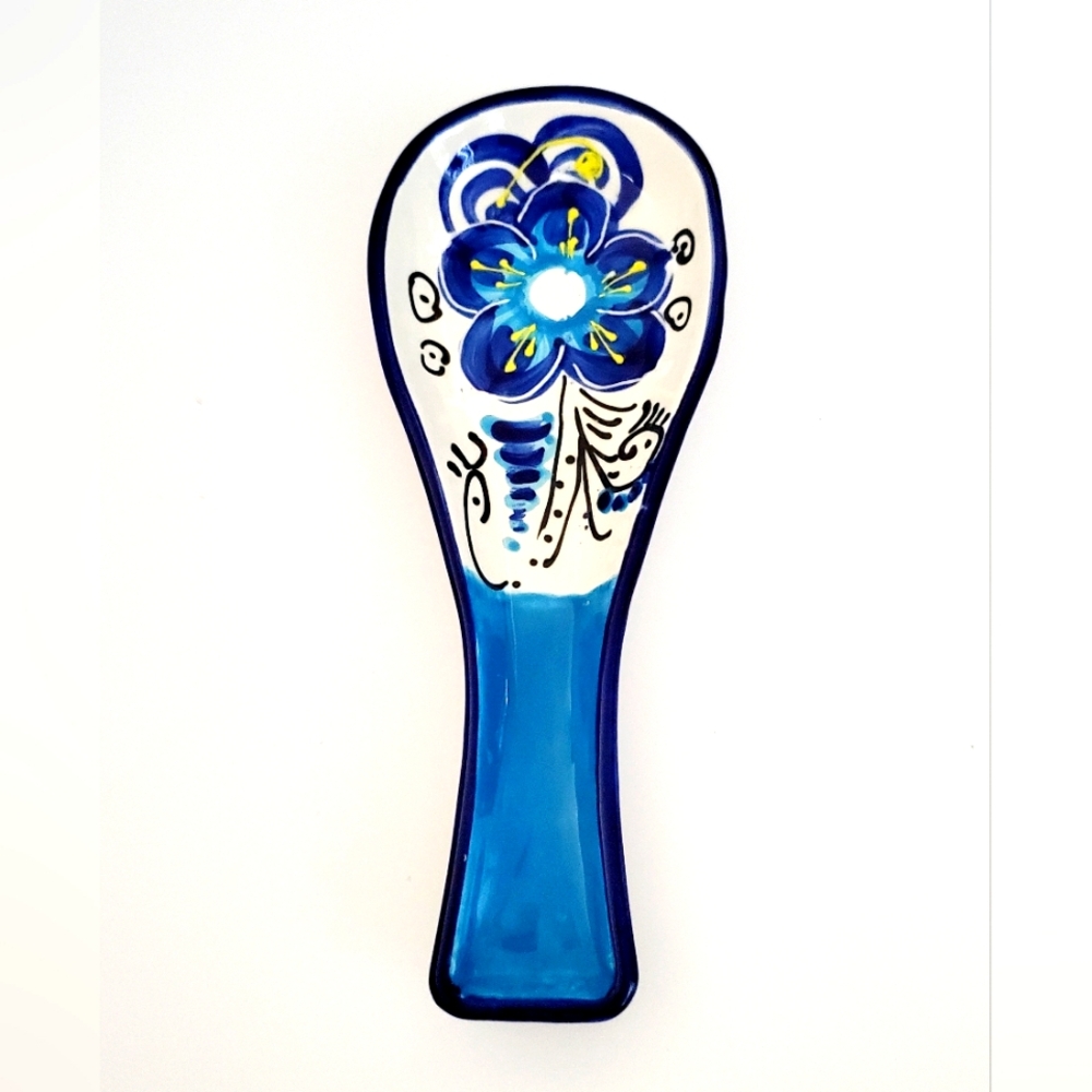 Pretty HAND PAINTED Ceramic Spoon Rest Blue Tones Floral Glazed Artisan Spain